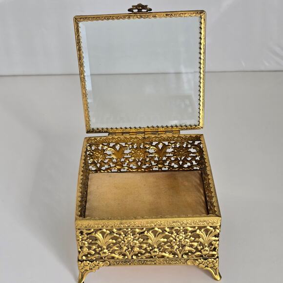 Vintage Ormolu Gold Filigree Jewelry Casket Beveled Glass Hollywood Regency - Picture 8 of 12